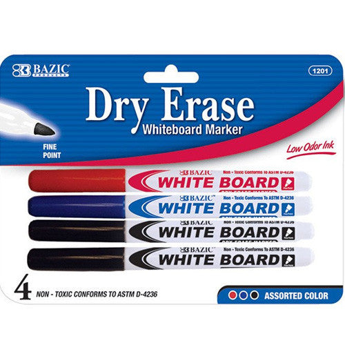 BAZIC Asst. Color Fine Tip Dry-Erase Marker (4/Pack)