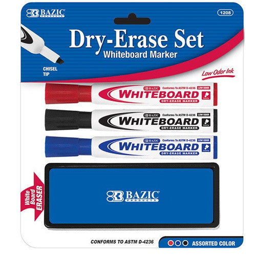 BAZIC 3 Asst. Color Chisel Tip Dry Erase Marker W/ Eraser