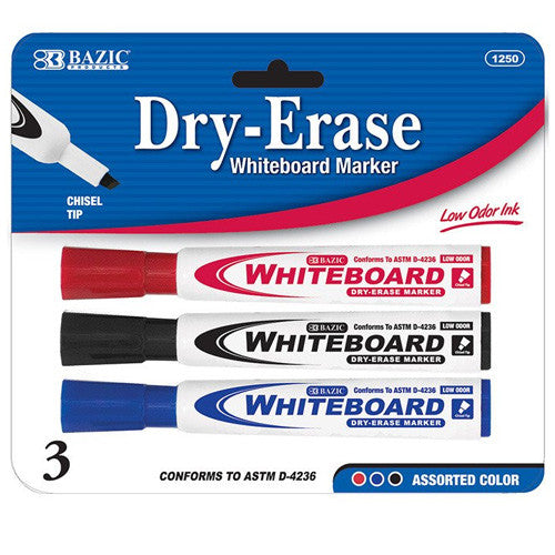 BAZIC Assorted Color Chisel Tip Dry-Erase Markers (3/Pack)