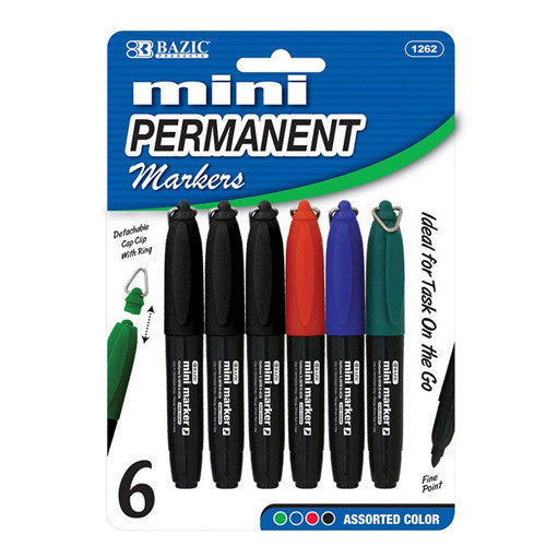 BAZIC Assorted Color Mini Fine Point Permanent Marker W/ Cap Clip (6/Pack)
