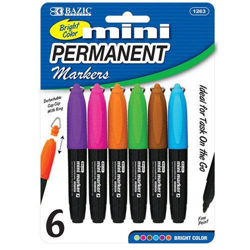 BAZIC Fancy Colors Mini Fine Point Permanent Marker W/ Cap Clip (6/Pack)