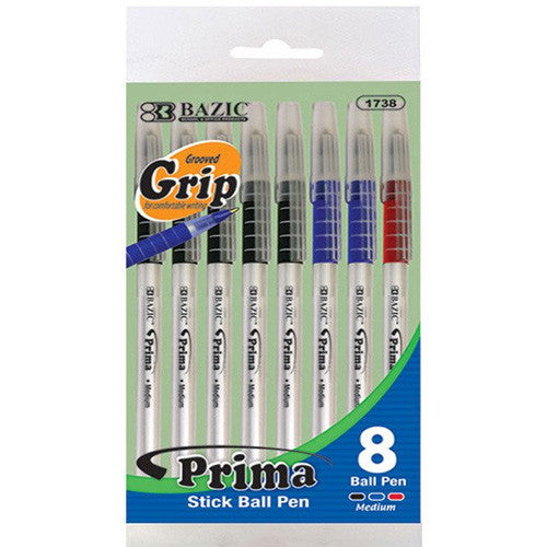 BAZIC Prima Assorted Color Stick Pen W/ Cushion Grip (8/Pack)