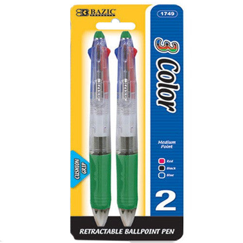 BAZIC Transparent 3-Color Pen W/ Cushion Grip (2/Pack)