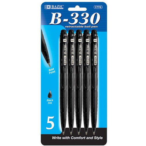 BAZIC B-330 Black Color Retractable Pen (5/Pack)