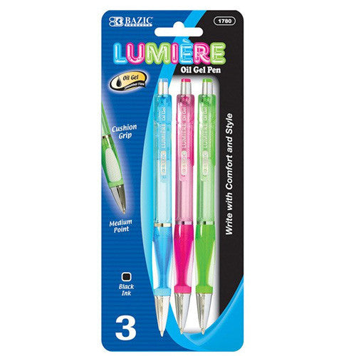 BAZIC Lumiere Dazzle Black Oil-Gel Ink Retractable Pen W/ Grip (3/Pack)