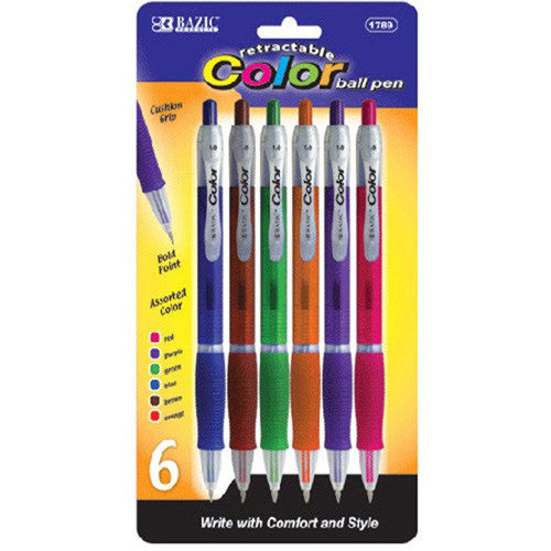 BAZIC 6 Retractable Color Pen W/ Cushion Grip
