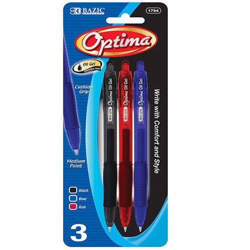 BAZIC Optima Assorted Color Oil-Gel Ink Retractable Pen W/ Grip (3/Pack)