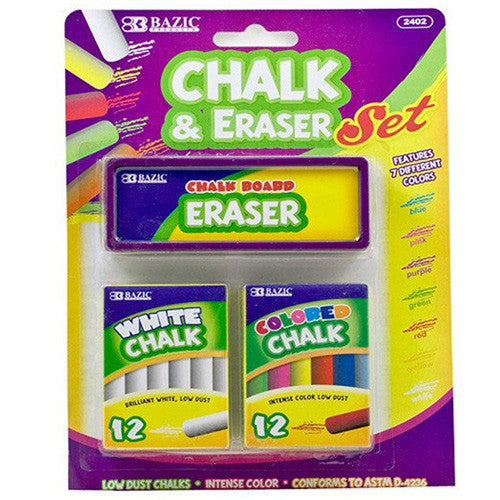 BAZIC 12 Color & 12 White Chalk W/ Eraser Set