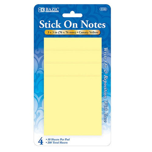 BAZIC 50 Ct. 3" X 3" Yellow Stick On Notes (4/Pack)