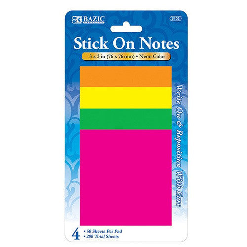 BAZIC 40 Ct. 3" X 3" Neon Stick On Notes (4/Pack)