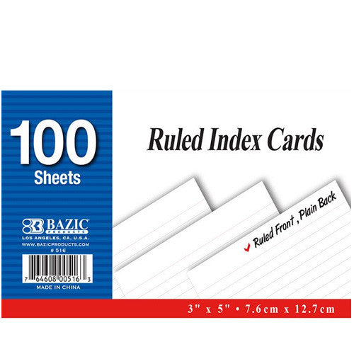 BAZIC 100 Ct. 3" X 5" Ruled White Index Card