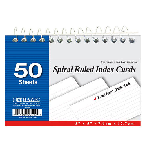BAZIC 50 Ct. Spiral Bound 3" X 5" Ruled White Index Card