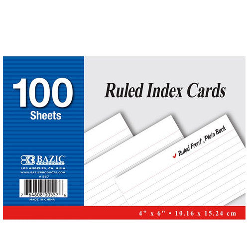 Item# 557   BAZIC 100 Ct. 4" X 6" Ruled White Index Cards