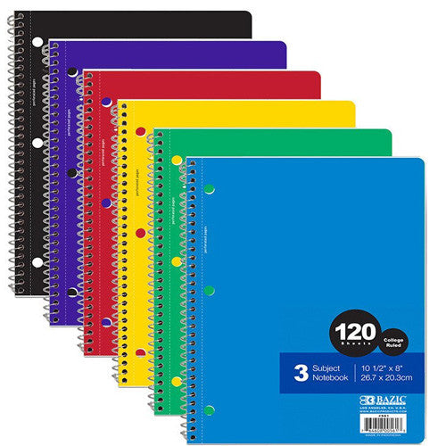 BAZIC C/R 120 Ct. 3-Subject Spiral Notebook