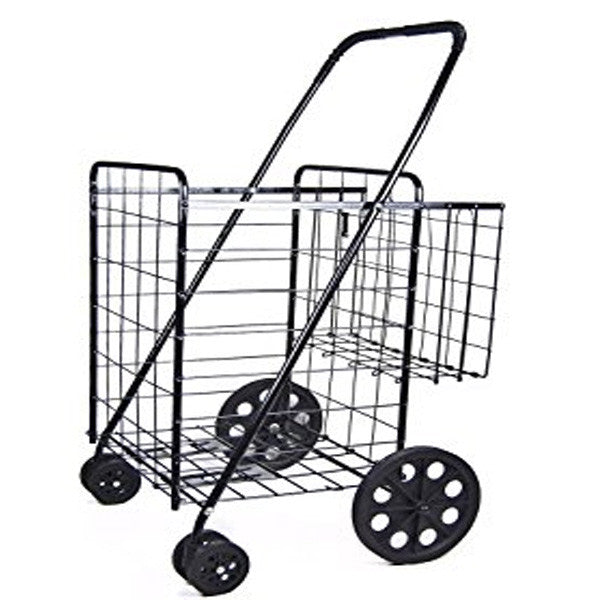 Black JUMBO SHOPPING-laundry folding CART DOUBLE BASKET front moving swivel wheels