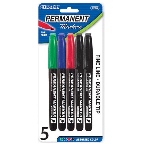 BAZIC Asst. Color Fine Tip Permanent Markers W/ Pocket Clip (5/Pack)