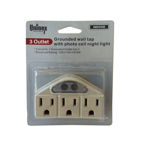 3 OUTLET GROUNDED WALL TAP WITH PHOTO CELL NIGHT LIGHT